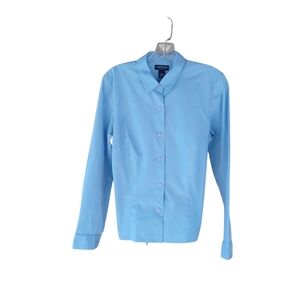 Ann Taylor Blue Stretch Long Sleeved Button Down Tie Back Shirt Size 10